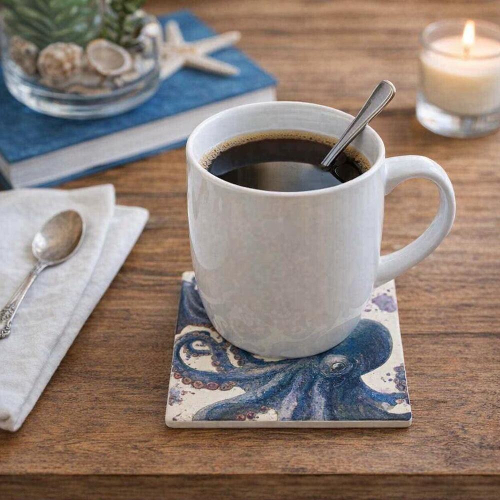 Blue Coastal Watercolor Ceramic Coaster Set – Ocean Art Tiles (Set of 4)